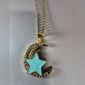 Gold and Turquoise Tone Star and Moon Pendant Necklace